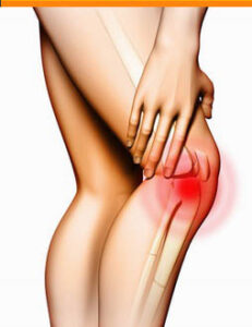 Pain originating in the knee area. Hand touching the upper leg just above the knee. Digital illustration.